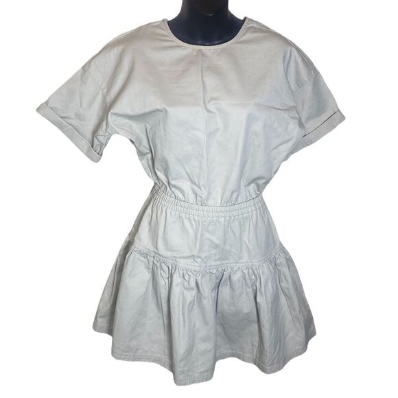 Asos tan size 2 dress elastic waist flare skirt cuff sleeves keyhole neutral - Picture 1 of 5